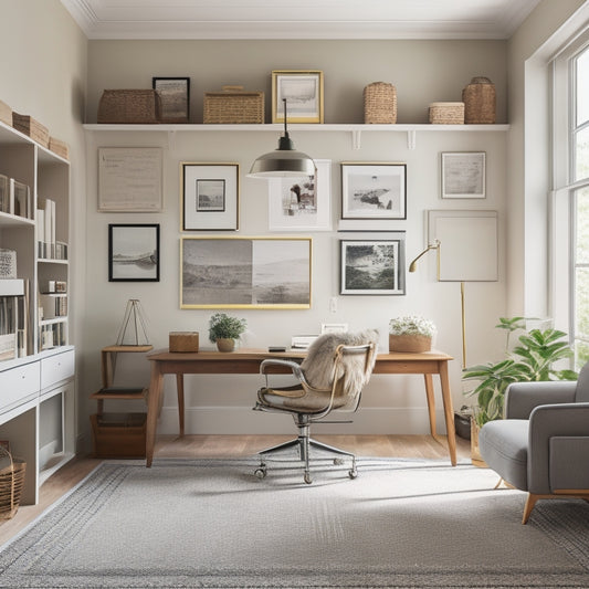 A serene, well-lit home office with a minimalist desk, ergonomic chair, and a floor-to-ceiling shelving unit filled with labeled storage bins, baskets, and a few framed art pieces.