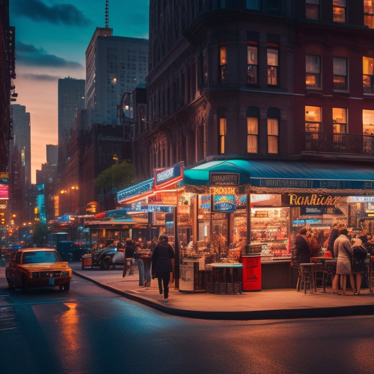 A vibrant cityscape at dusk, featuring a bustling street lined with eclectic eateries, steaming food carts, and twinkling neon signs, capturing the essence of New York's diverse culinary scene.