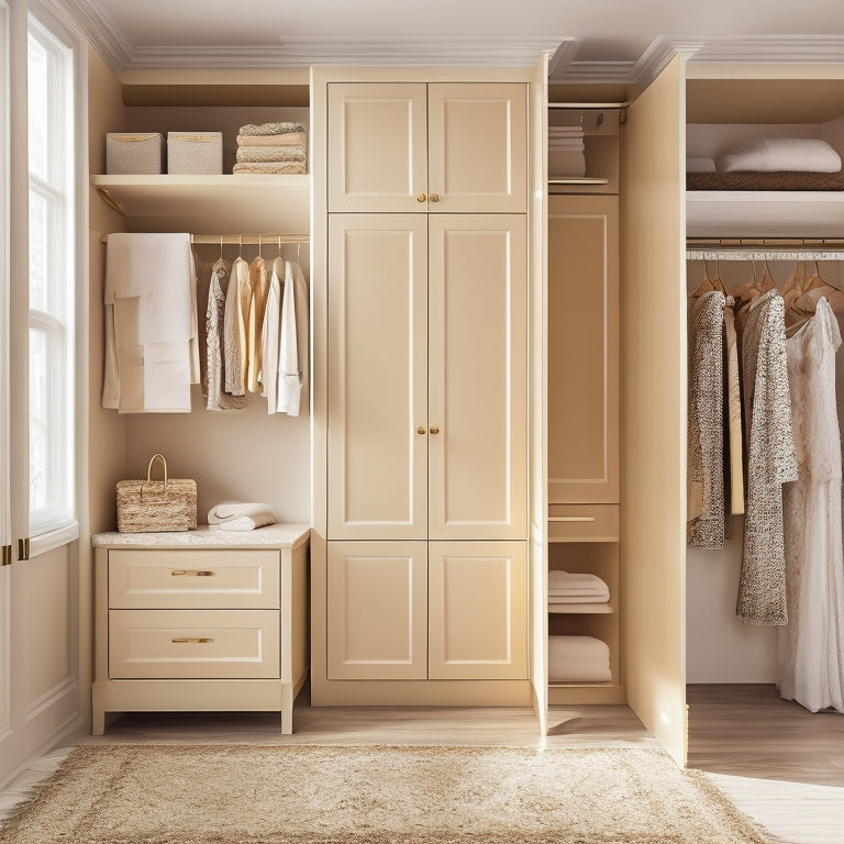 A serene, ivory-hued closet interior with modular storage units in warm wood tones, adorned with golden hardware, and topped with a plush area rug, bathed in soft, natural light.