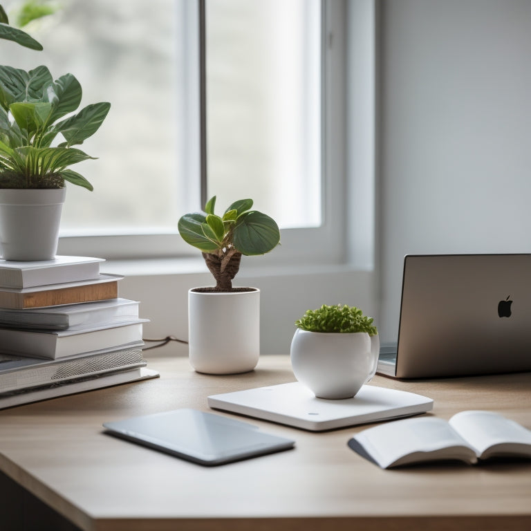 A minimalist desk with a few essential office supplies, a small potted plant, and a laptop, set against a calm, creamy background, with a subtle hint of natural light and a faint outline of a home office in the distance.