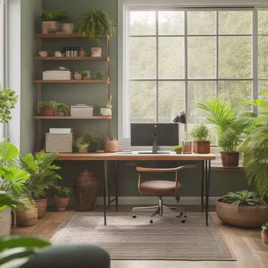 A serene, well-lit home office with a sleek wooden desk, surrounded by organized shelves, colorful storage bins, and a comfortable ergonomic chair, amidst lush green plants and a subtle cityscape backdrop.