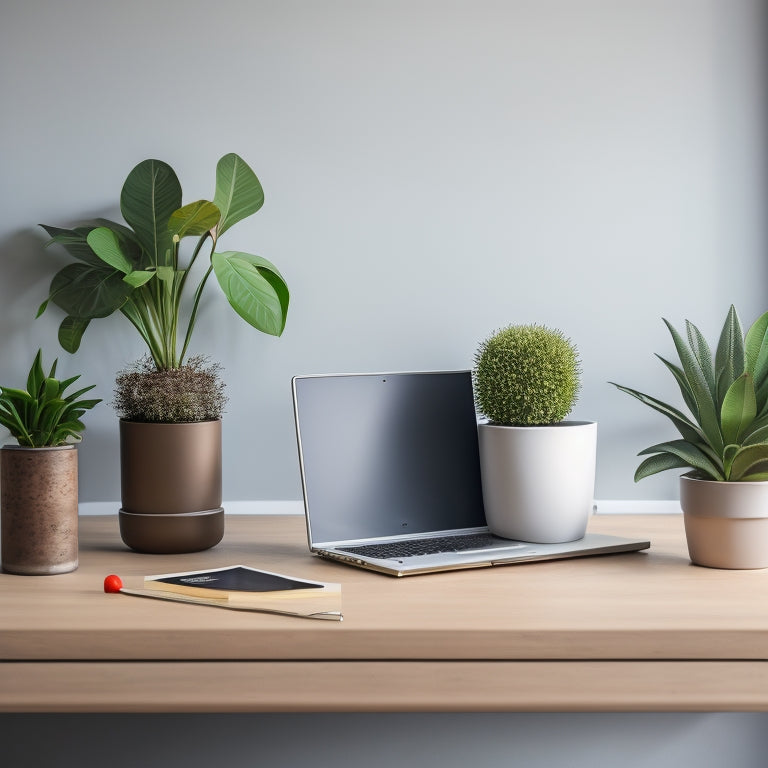 A sleek, modern desk with a minimalist laptop stand, a small potted plant, and a tidy stack of colorful files, set against a calming light-gray background with subtle wood accents.