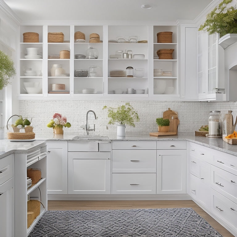 A bright, modern kitchen with sleek white cabinets, showcasing a variety of organization systems: pull-out trash cans, tiered spice racks, soft-close drawers, and adjustable shelving with wicker baskets.