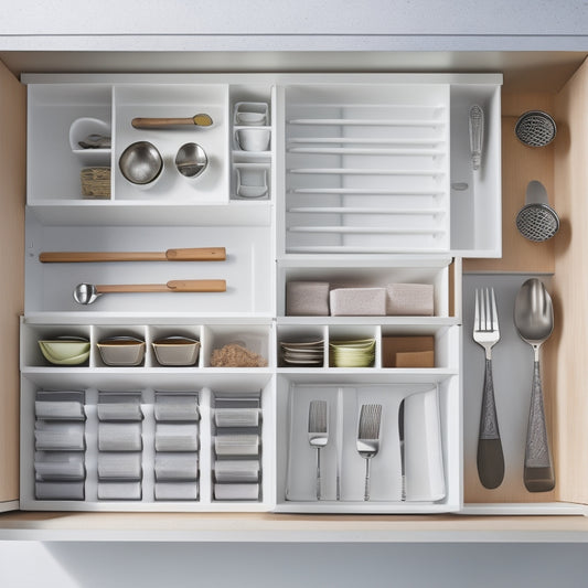 A tidy kitchen drawer filled with stacked dinner plates, neatly aligned utensils, and organized cookware, with dividers and inserts separating each category, set against a clean white background.