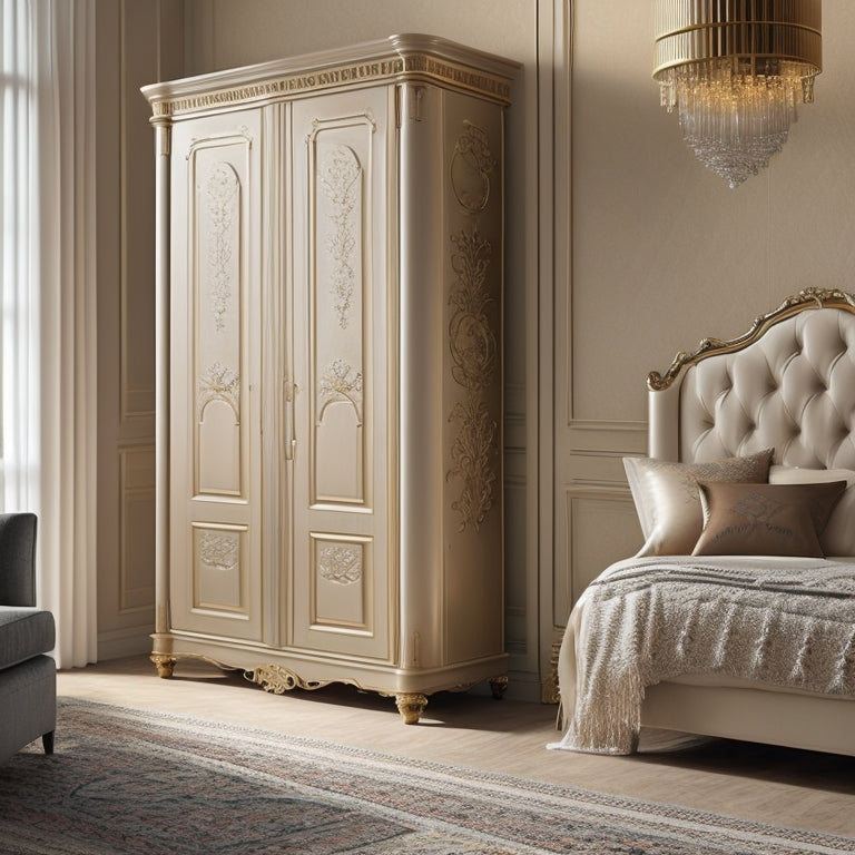 A modern, minimalist bedroom featuring a tall, ornate armoire with intricately carved wooden doors, adorned with golden hardware, standing against a soft, creamy wall, surrounded by plush carpet and a few tasteful decorative items.