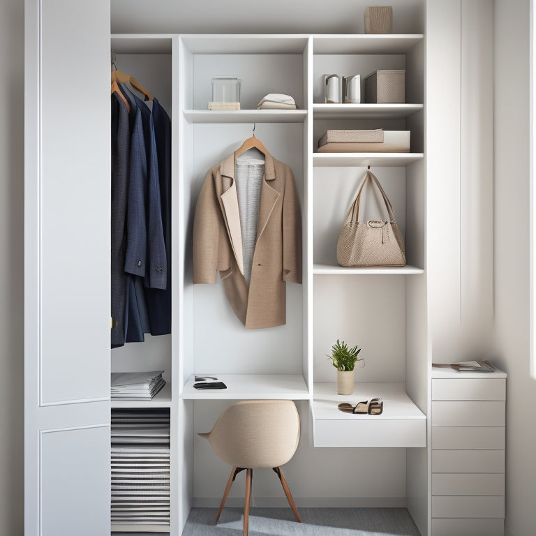 A minimalist closet with sleek white shelves, a sliding wooden door, and a few clothes hanging on a rod, surrounded by a laptop, coffee cup, and scattered design papers, on a light gray background.