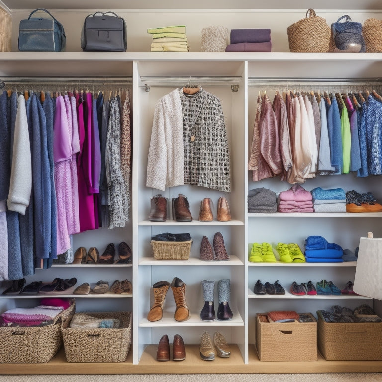 A cluttered, cramped closet with clothes spilling out, shoes piled high, and accessories tangled, juxtaposed with a small, serene space featuring multi-tiered shelves, hanging organizers, and a few, neatly arranged items.
