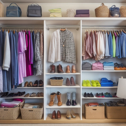 A cluttered, cramped closet with clothes spilling out, shoes piled high, and accessories tangled, juxtaposed with a small, serene space featuring multi-tiered shelves, hanging organizers, and a few, neatly arranged items.
