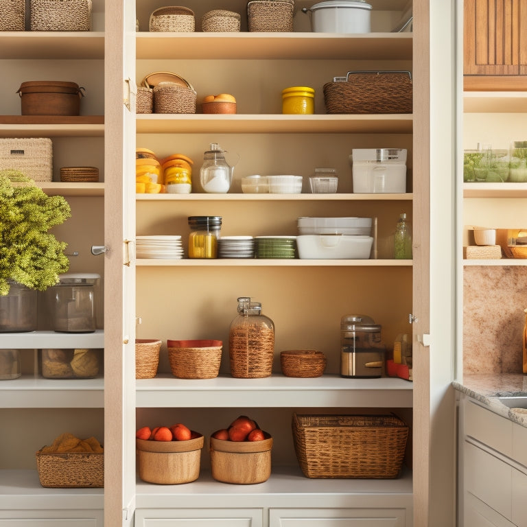 An organized kitchen cabinet with pull-out shelves, baskets, and a lazy Susan, featuring a mix of cookbooks, spices, and kitchen utensils, with soft, natural lighting and a warm, neutral color scheme.