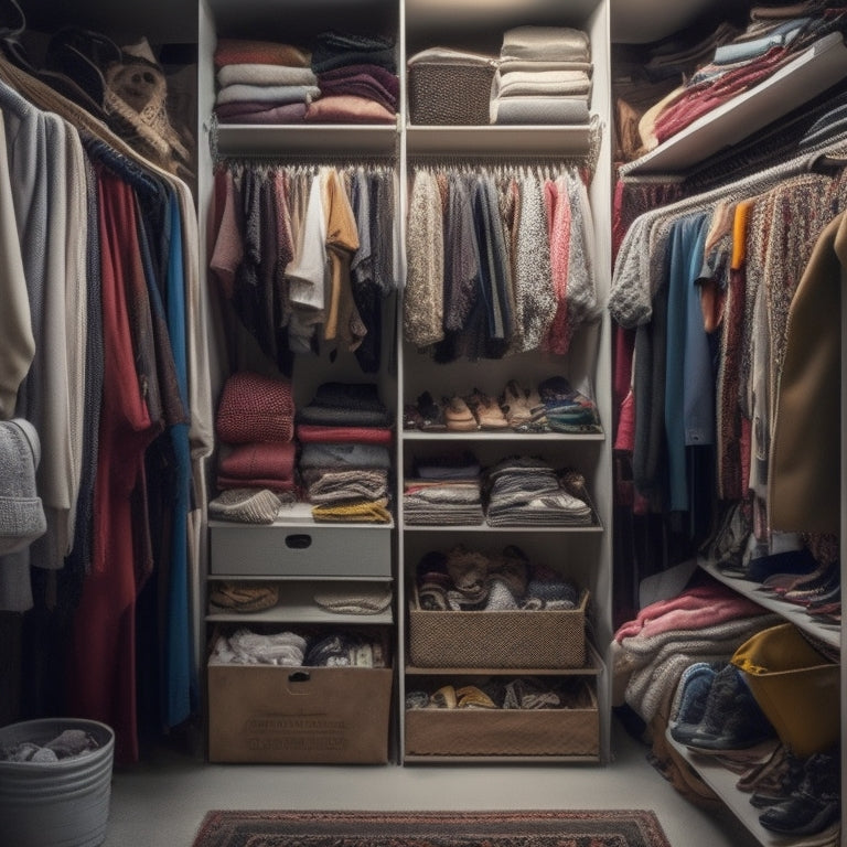 A cluttered closet interior with a mix of broken and mismatched DIY shelves, rods, and bins, surrounded by scattered clothes, shoes, and accessories, with a faint outline of a failed installation guide in the background.