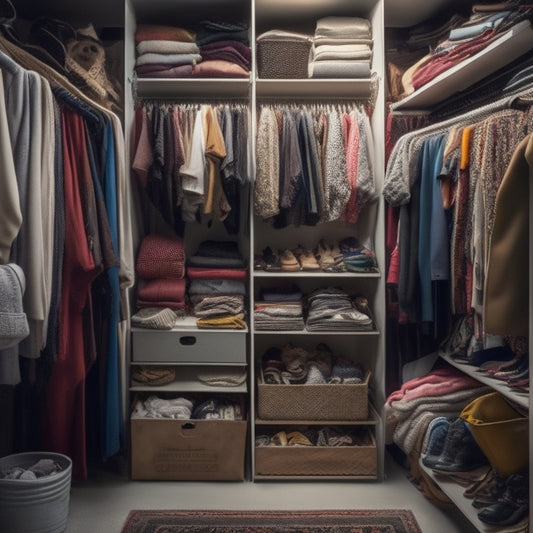 A cluttered closet interior with a mix of broken and mismatched DIY shelves, rods, and bins, surrounded by scattered clothes, shoes, and accessories, with a faint outline of a failed installation guide in the background.