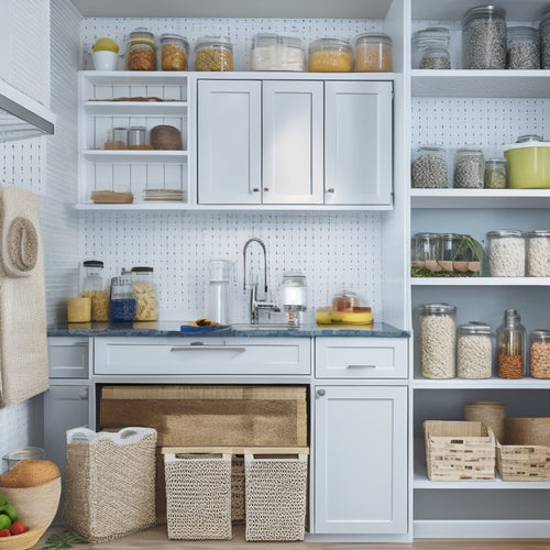 A bright, modern kitchen with sleek countertops, showcasing a variety of container storage solutions, including stackable glass jars, woven baskets, and a pegboard with hanging utensils and bins.