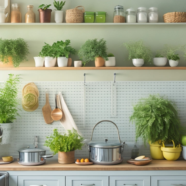 A serene, well-organized kitchen with a sleek white countertop, a few strategically placed baskets, and a pegboard with neatly hung utensils, surrounded by a few fresh green herbs in small pots.