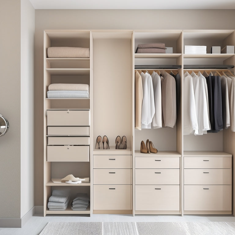 A minimalist, modern closet with adjustable shelves, rods, and drawers in a warm, neutral color scheme, showcasing a harmonious balance of storage, accessibility, and negative space.