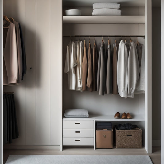 A serene, minimalist closet interior with a few, carefully selected garments on wooden hangers, arranged by type and color, surrounded by empty space and soft, warm lighting.