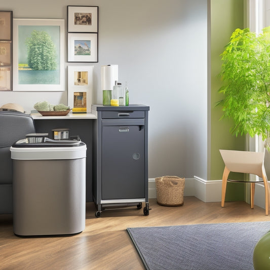 A tidy living room with a sleek, pedal-operated trash can in the corner, adjacent to a compact recycling station with separate bins, and a discreet slide-out waste sorting cabinet beneath the countertop.