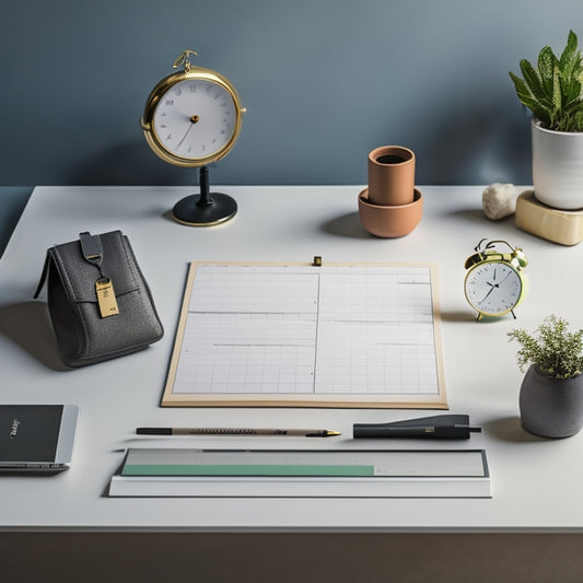 A minimalist desk with a calendar, a clock, and a few colored pens, surrounded by scattered papers and a laptop, transforming into a tidy and organized space with a calendar filled with scheduled blocks of time.