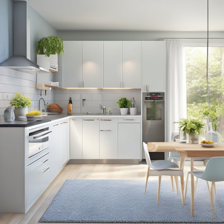 A bright, modern kitchen with sleek countertops, a wall-mounted fold-down table, a compact refrigerator, and a retractable clothesline above a sink, surrounded by minimalist decor and plenty of natural light.