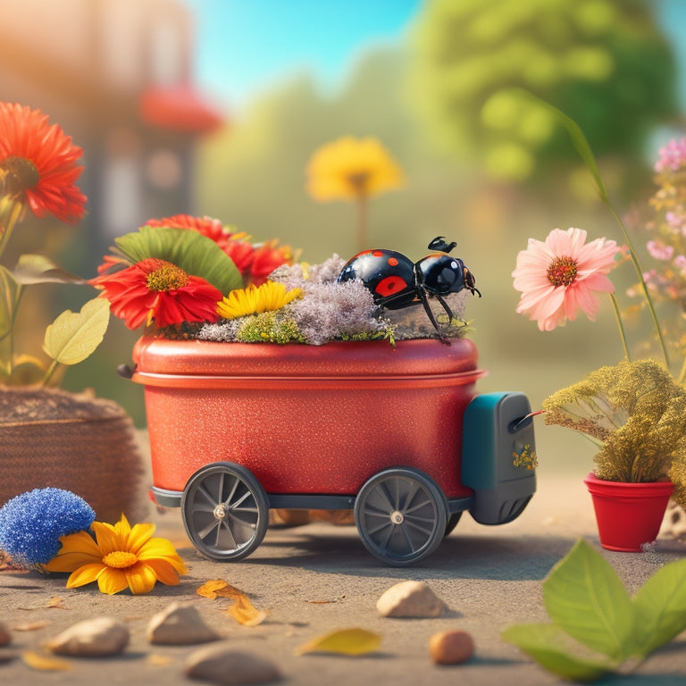 A whimsical illustration of a ladybug, surrounded by tidy stacks of leaves and colorful flowers, with a miniature cleaning cart and a tiny trash can, set against a soft, sunny background.