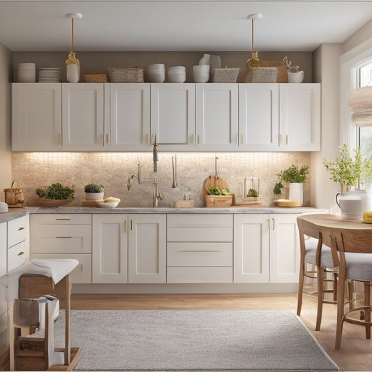 A warm, well-lit kitchen with a mix of light wood and white cabinets, featuring pull-out drawers, labeled storage bins, and a centralized countertop with a built-in utensil organizer and a few strategically placed stools.