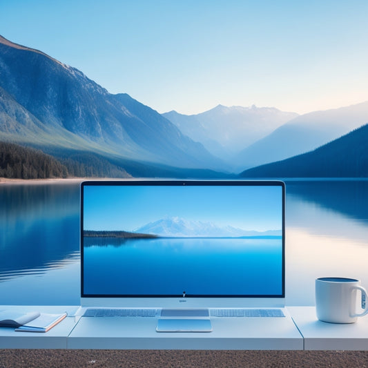 A serene digital landscape featuring a minimalist desktop with a few organized folders, a tidy laptop, and a calm background with subtle hints of blue and white, evoking a sense of digital clarity.