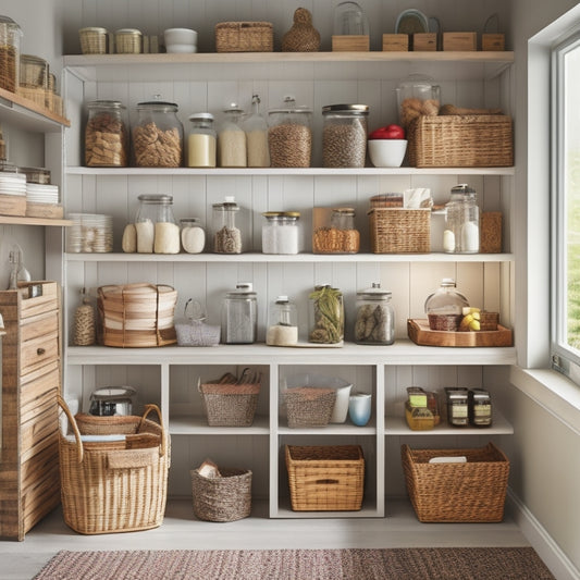 A tidy kitchen pantry with adjustable shelves, labeled baskets, and a turntable for corner storage, featuring a mix of glass jars, baskets, and bins in various shapes and sizes.