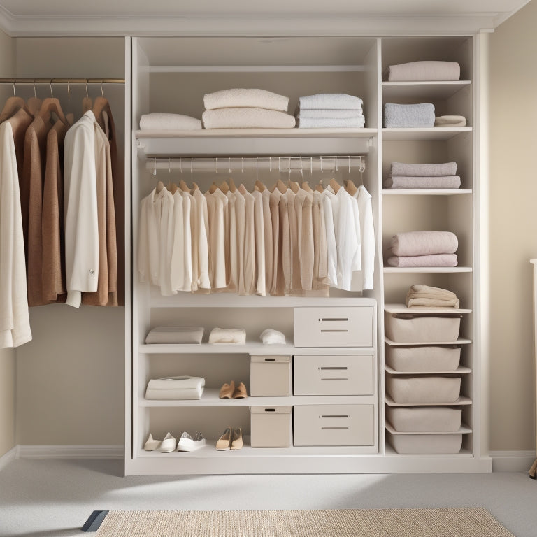 A serene, minimalist closet with a few, selectively hung garments on a wooden rod, surrounded by empty space, and a few neatly arranged storage bins on a soft, cream-colored carpet.