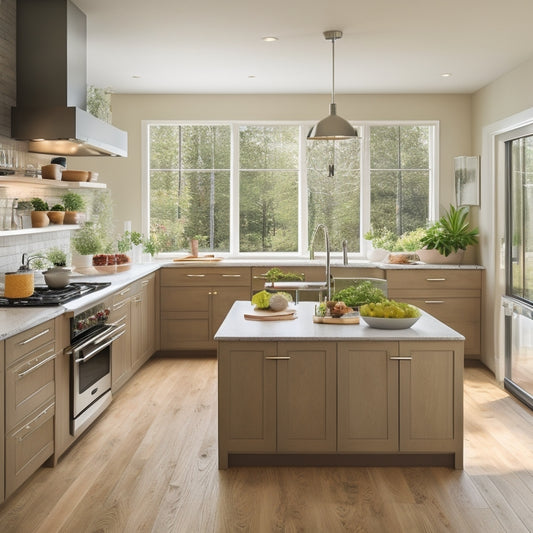 A bright, modern kitchen with an L-shaped layout, featuring a sleek island with a built-in cooktop, surrounded by creamy cabinets, warm wood flooring, and a large window with lush greenery outside.