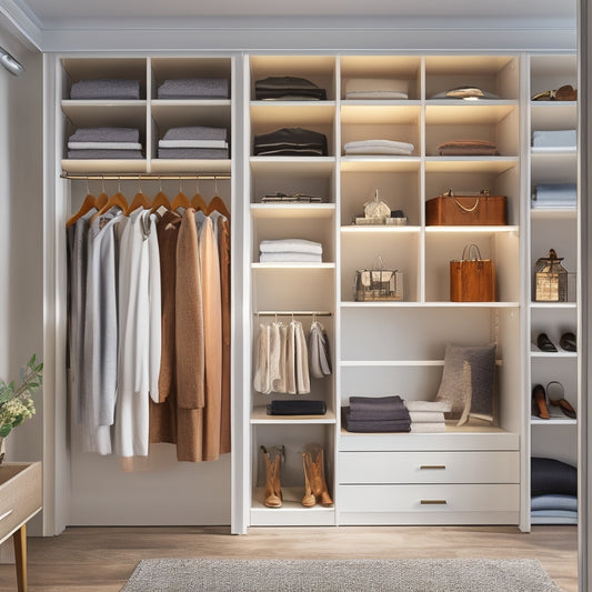 An elegant, modern closet interior with creamy white shelves, rich wood accents, and sleek metal rods, featuring a mix of open storage, drawers, and hanging areas, illuminated by soft, warm lighting.