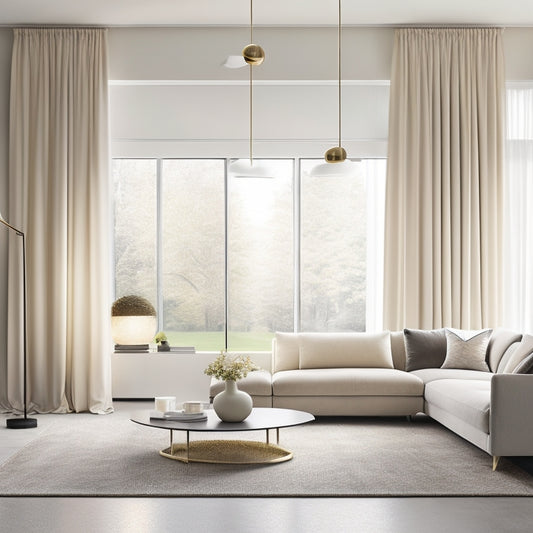 A sleek, minimalist modern living room with a low-profile sectional sofa in a neutral tone, surrounded by a geometric-patterned area rug, floor-to-ceiling curtains, and a statement light fixture.