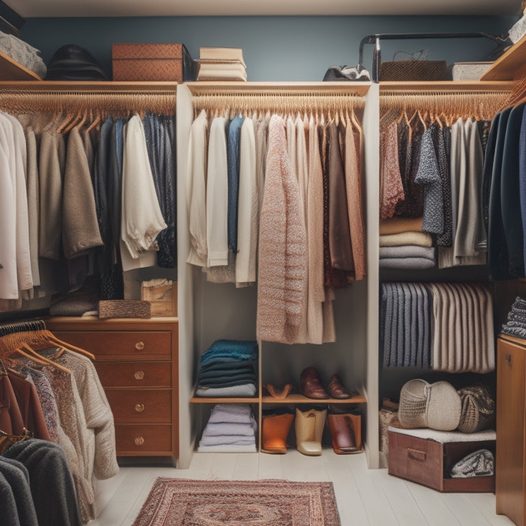 An cluttered closet interior with clothes scattered on the floor, tangled hangers, and overflowing shelves, contrasted with a serene, organized section featuring a simple shelving system and neatly hung garments.