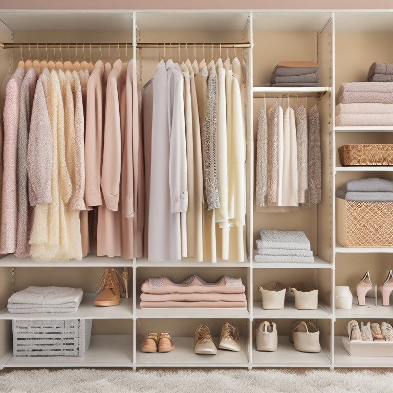 A serene, organized closet with a mix of neutral-colored and pastel-hued clothing items, shoes, and accessories, against a soft, creamy background, with a subtle grid of shelves and rods.