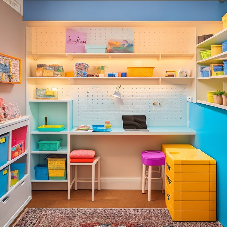 A clutter-free, well-lit homeschooling nook in a compact space, featuring a mounted pegboard with colorful bins, a wall-mounted desk, and a minimalist shelving unit with neatly arranged educational resources.