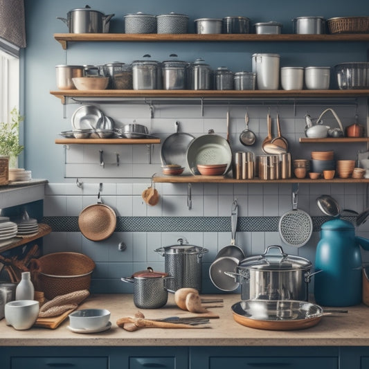 A cluttered kitchen with pots and pans stacked haphazardly, with some on the countertop and others on the floor, next to a tidy section with cookware organized in a pegboard and on shelves.