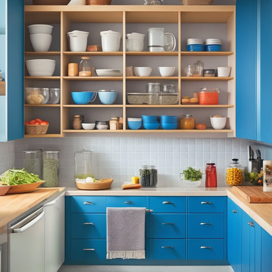A tidy, modern kitchen with cabinets featuring pull-out shelves, adjustable dividers, and stacked containers, showcasing a mix of cookware, utensils, and ingredients, with plenty of negative space.