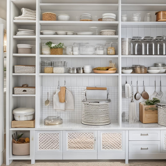 A tidy kitchen cabinet with pull-out shelves, baskets, and dividers, showcasing a utensil organizer, spice rack, and a stack of neatly folded kitchen towels, surrounded by white walls and warm lighting.