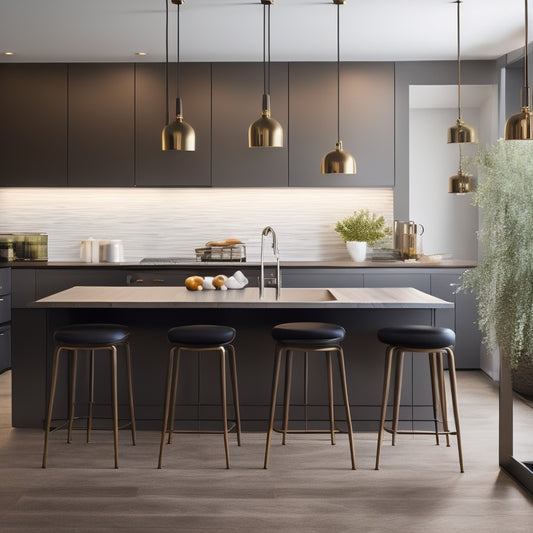 A sleek, modern kitchen featuring a central island with a metallic base, adjustable height mechanism, and a rich, dark wood countertop, surrounded by minimalist stools and pendant lights.