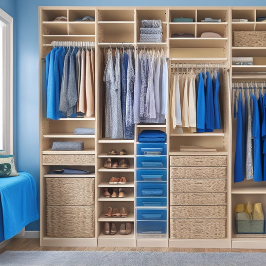 A tidy closet interior with the OK7272 closet organizer kit installed, featuring 12 shelves, 4 drawers, and 2 rods, surrounded by neatly arranged clothes, shoes, and storage bins.