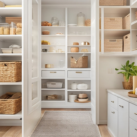 A bright, modern pantry with sleek, soft-close drawers and shelves, featuring a combination of baskets, bins, and dividers in a calming neutral color scheme, surrounded by warm natural light.