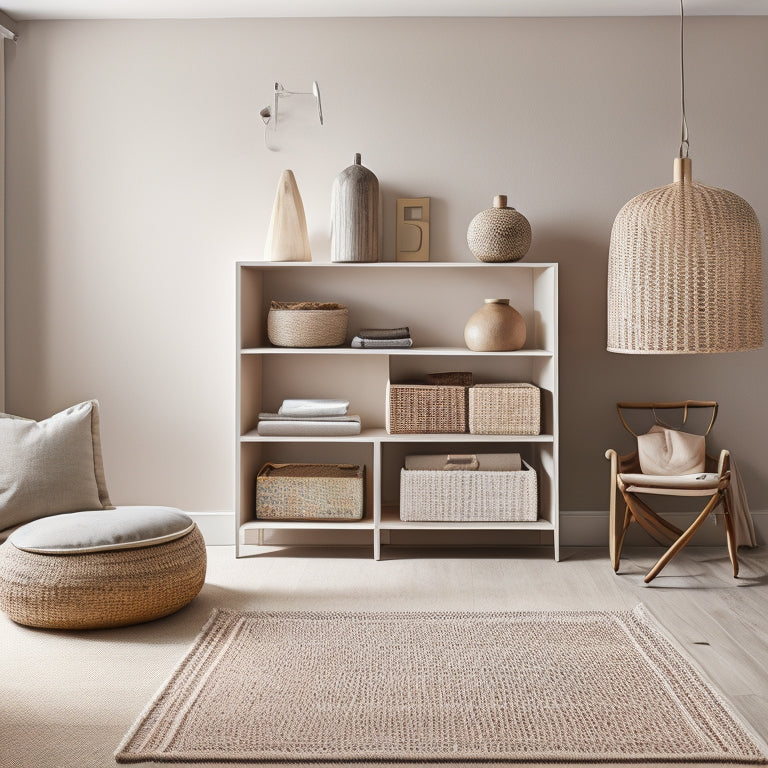 A serene, minimalist room with a neutral color palette, featuring a sleek, wall-mounted shelving unit with woven baskets, a compact, ottoman-style storage bench, and a geometric-patterned area rug.