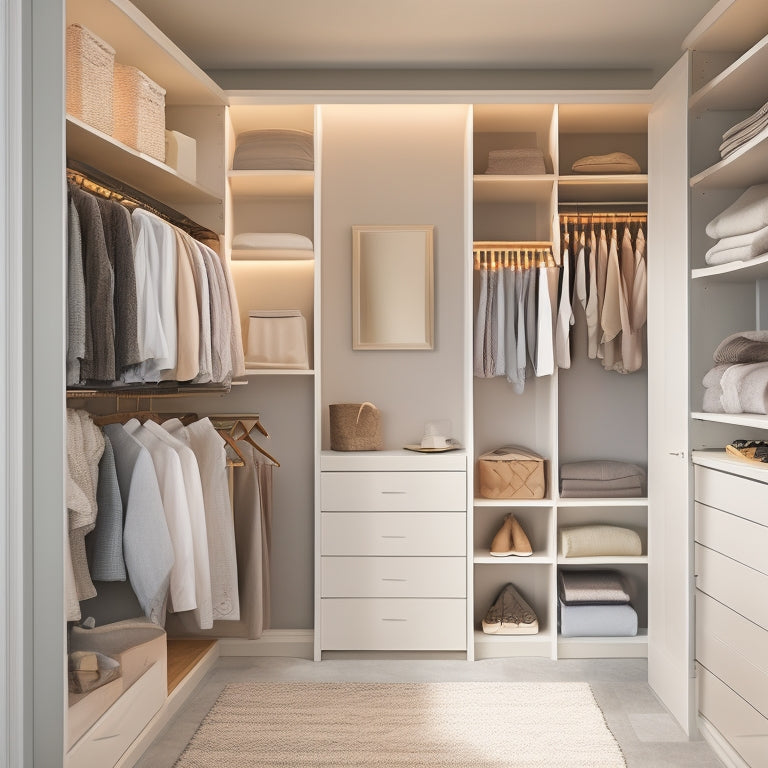 A serene, modern closet interior with soft, warm lighting, featuring a stylish Casita closet system with sleek, white shelves, drawers, and rods, amidst a calming beige and gray color palette.