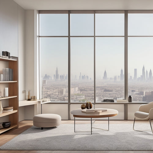 A serene, minimalist living room with a wall-mounted foldable desk, a hidden storage ottoman, and a sleek, compact shelving unit, illuminated by a floor-to-ceiling window with a subtle cityscape view.