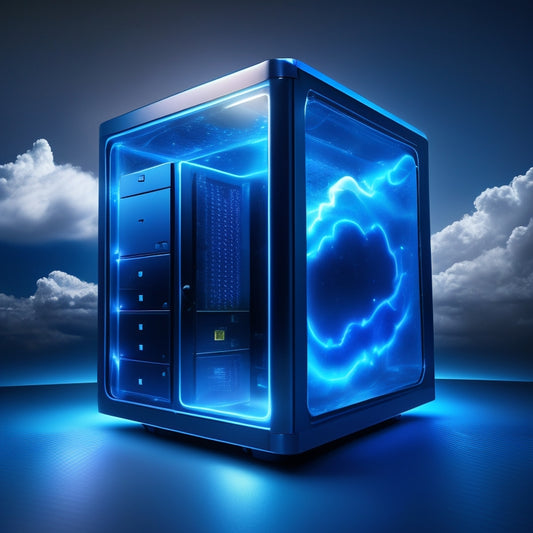 A futuristic, sleek, and modern digital file cabinet icon with glowing blue circuits, surrounded by swirling clouds of digital data and a subtle grid pattern in the background.