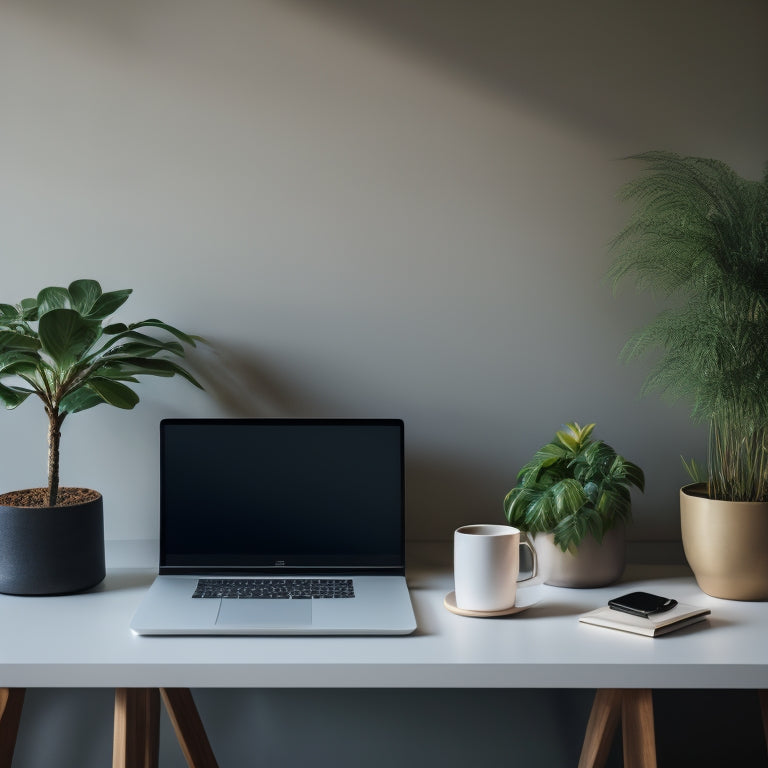 A serene minimalist desk with a sleek laptop, a single wire, and a small potted plant, surrounded by a blurred-out background of organized digital icons and folders.