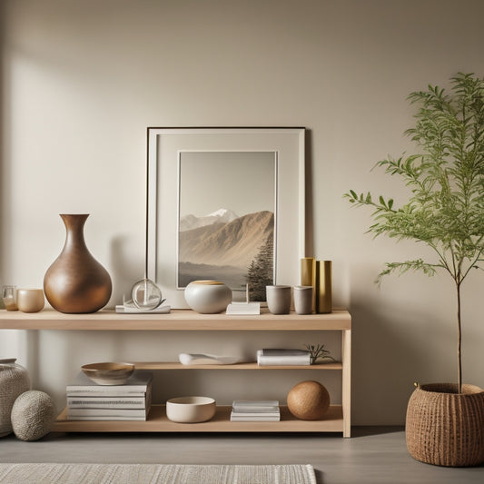 A serene, minimalist living room with a few, carefully curated decorative items on a sleek wooden shelf, surrounded by a calm, natural color palette and plenty of negative space.