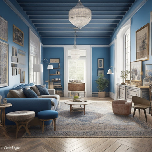 An illustration featuring a large, blank room with walls, ceiling, and floor, surrounded by scattered design elements like furniture, rugs, and decor, with a few 3D models and blueprints in the foreground.