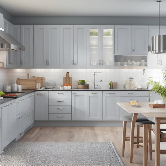 A bright, modern kitchen with sleek, handleless cabinets in a soothing gray tone, a large island with a built-in cooktop, and a pegboard with organized utensils and cookware.