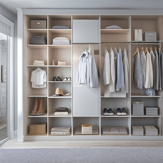 A modern, sleek closet with a wall-mounted shelving unit featuring adjustable shelves, drawers, and hanging rods, surrounded by neatly organized clothing, shoes, and accessories, with a neutral background.