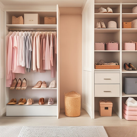 A serene, well-lit closet interior with a mix of neutral and pastel hues, featuring a neatly organized double rod, stacked storage bins, and a minimalist shoe rack with a few paired heels.