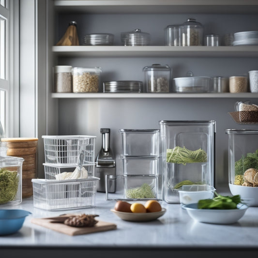 A tidy kitchen counter with a few sleek, transparent storage bins and baskets of varying sizes, filled with neatly organized kitchen utensils, spices, and baking supplies.